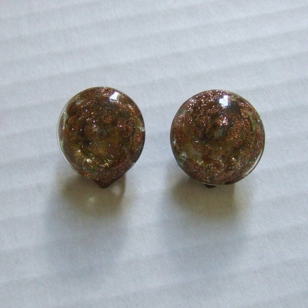 Lucite earrings vintage clip on round earrings copper sparkles made in Italy 60s